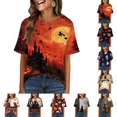 Women's Casual Halloween Pullover Top Short Sleeve Round Neck Pocket T-Shirt Halloween Print Casual Fit Lightweight