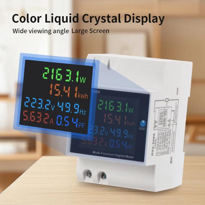 1Pcs D52-2066 Digital Display 6In1 Din Rail Ac Monitor Voltage Current Power Factor Active Kwh Electric Energy Frequency Meter