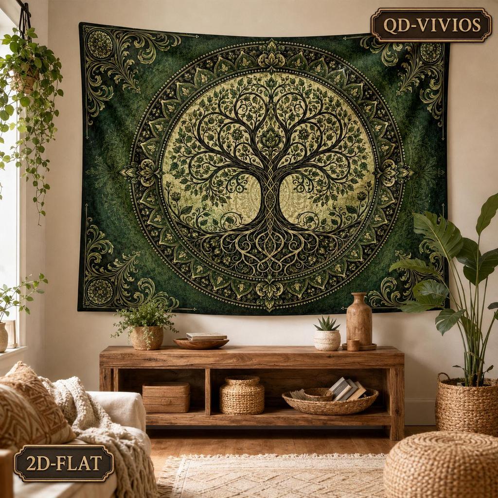 2D Flat, 1pc QD_VIVIOS Extra Large Green Tree of Life Tapestry - Boho Botanical Wall Hanging with Horizontal Mandala, Large Horizontal Bohemian Wall A