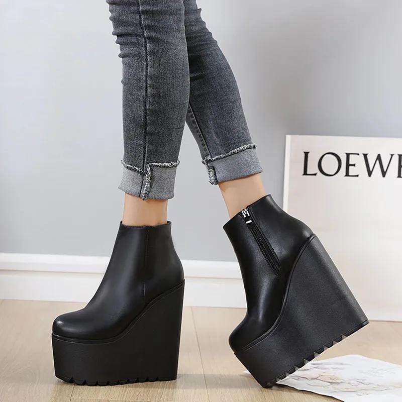 16CM Ultra High Wedge Shoes Woman Ankle Boots Platform Wedges Heels Black  Short Boots Autumn Winter Party Shoes Ladies