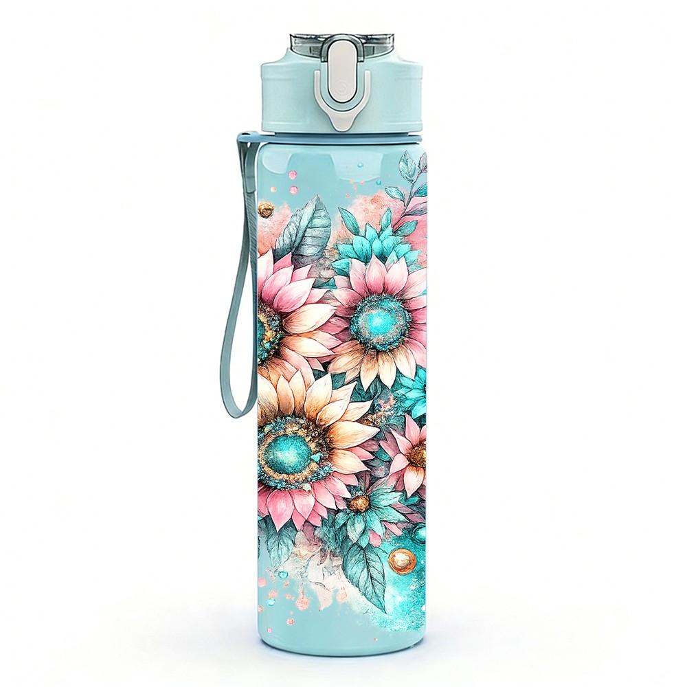 1PC Sunflower Mixed Floral Bouquet Print 750ml Color Plastic Sports Water Bottle Leakproof Flip Straw Lid Suitable for Sports Office Home Use