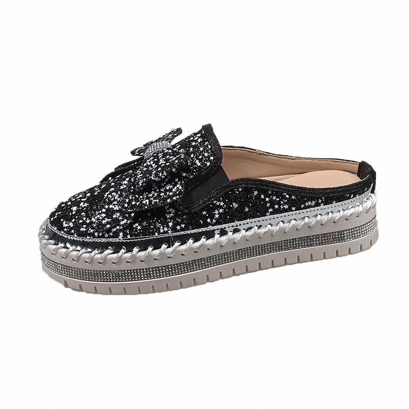 Large Size Casual Single Shoes Women's Spring New Flat Bottom Thick Bottom Round Head Bow Sequined Half Slippers Women