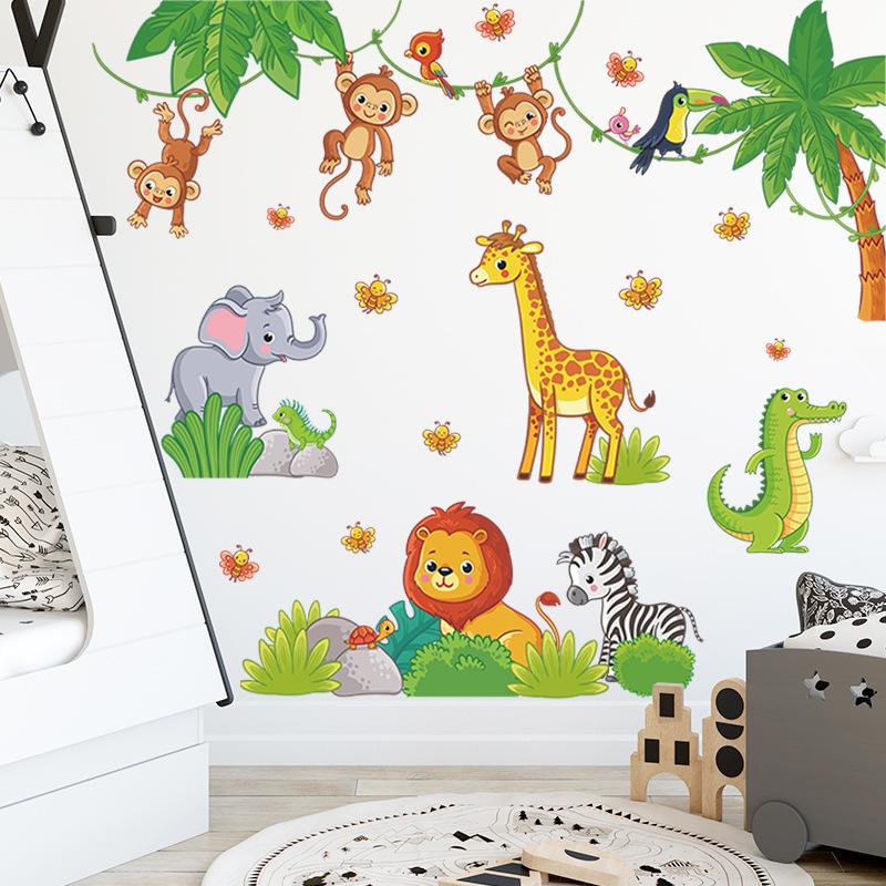 Cartoon Wall Stickers Elephant Zebra Giraffe Monkey Stickers Living Room Sofa Bedroom Background Wall Decoration Wallpaper