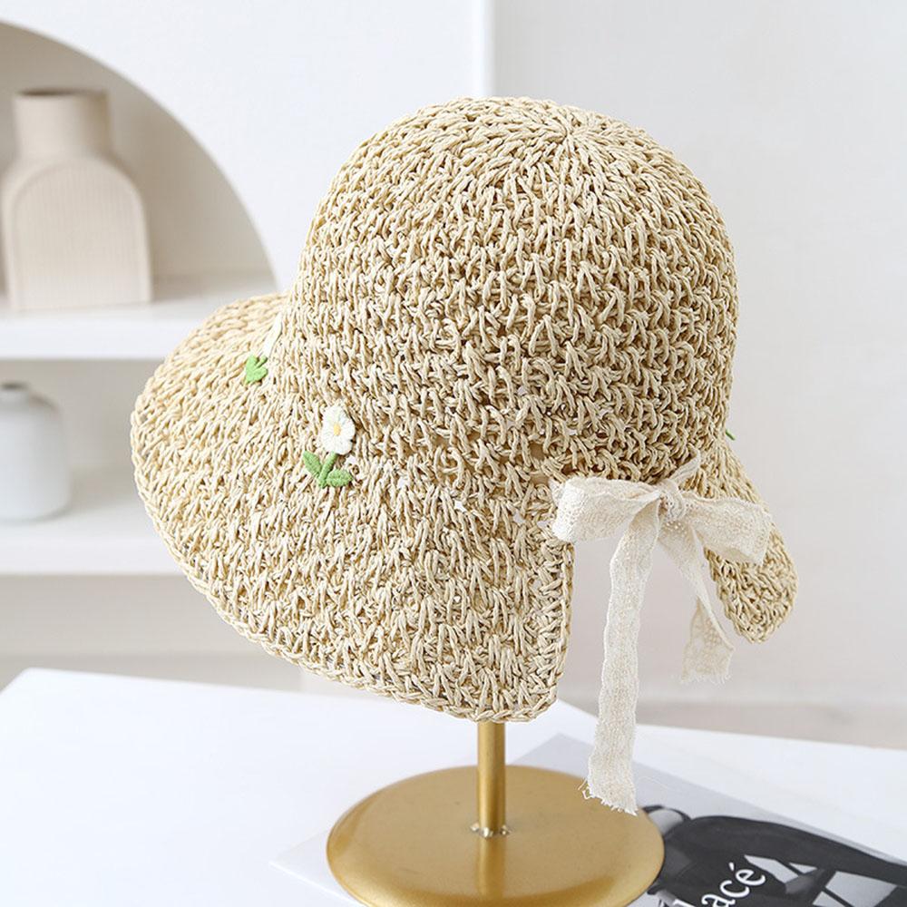 Women s Korean Style Straw Bucket Hat Floral Adjustable Sun Protection Sun Hat Breathable Foldable Beach Hat for Summer Outdoor бежевый