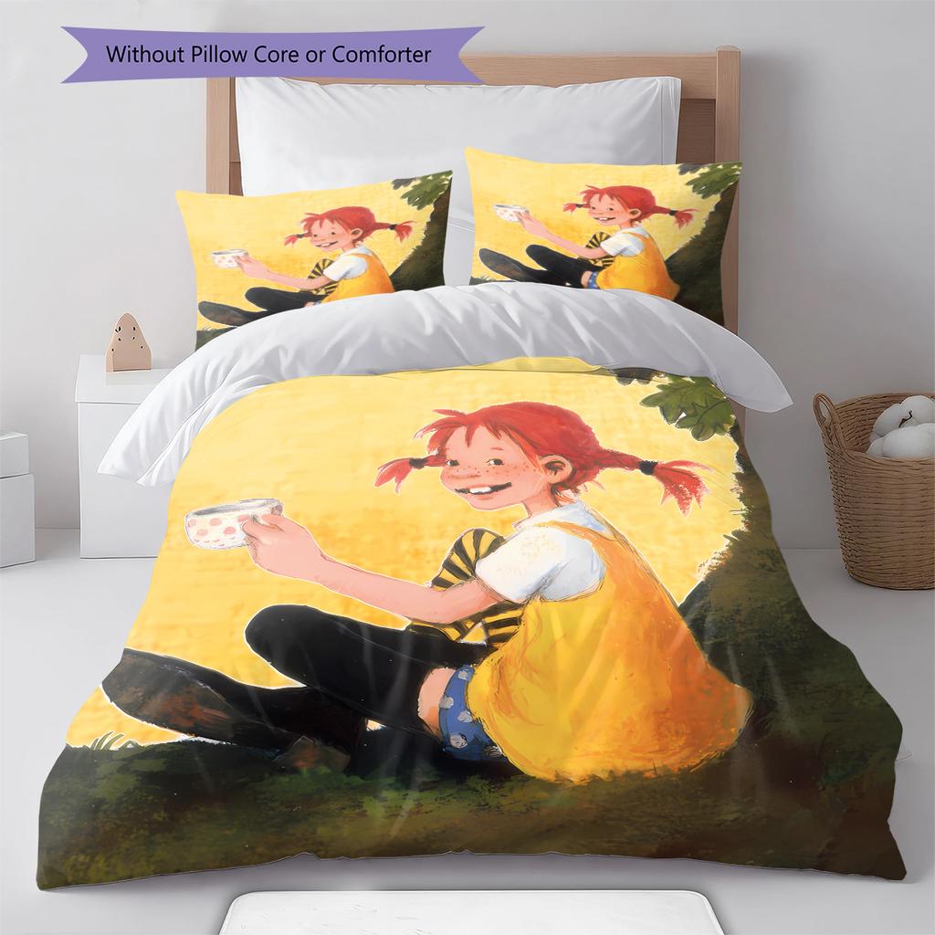 Pippi Longstocking Pattern Bedding,Quilt Set Quilt Cover Pillowcase Home Birthday Gift (1 * Duvet Cover + 2 * Pillowcase, Without Core)
