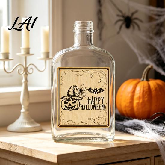 Self Adhesive Bottle Decals 12Pcs Halloween Wine Labels Vintage Retro Stickers with Witch Skull Nostalgic Paper Wraps Bat Pumpkin Design