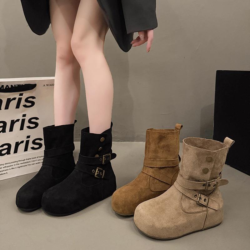American cowboy new casual inner heightening pile western fold rad large size women's short boots women's boots retro
