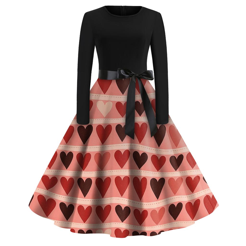 Women's Fashion Round Casual Slim Fit  Print Large Swing Long Sleeve Dress