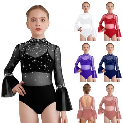 Mädchen Tanzbody Stehkragen Fledermausärmel Rückenfreies Design mit transparentem Mesh-Patchwork Glitzernde Strasssteine Einteiler