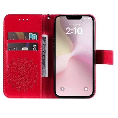 Για iPhone 16e Θήκη Τηλεφώνου Δερμάτινη Θήκη Πορτοφολιού με Στάντ με Λουράκι, με Χαραγμένο Ηλιοτρόπιο