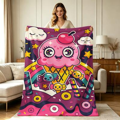 For All Season Flannel Fleece Blanket with Kawaii Ice Cream Candy Rainbow Cloud Star Cartoon Print Soft Cozy Warm Throw Blanket for Living Room Sofa C