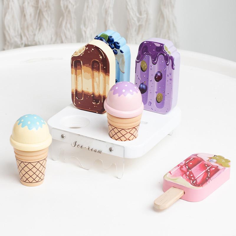 Wooden Pretend Kids Ice Cream Shop Play Set With Realistic Dessert Display For Childrens Role Play