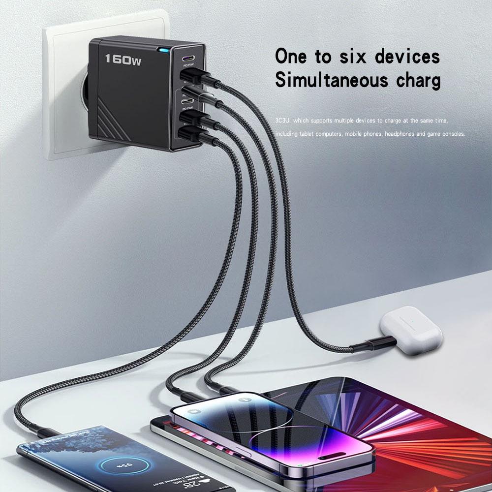 6-in-1 Multi-Port Charger: 3-Socket & 3-USB, 5V/3.1A, 160W, EU/US/UK Plug Adapter