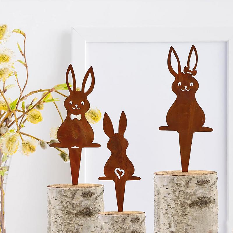 Rusty Bunny Silhouette Yard Art 3X Outdoor Happy Easter Rabbit Yard Sign Iron Animal Ground Inserts Outdoor Animal Stake For