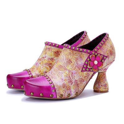 Fashion Women's Pumps Genuine Leather Splicing Retro Printed Rivet High Heels Shoes