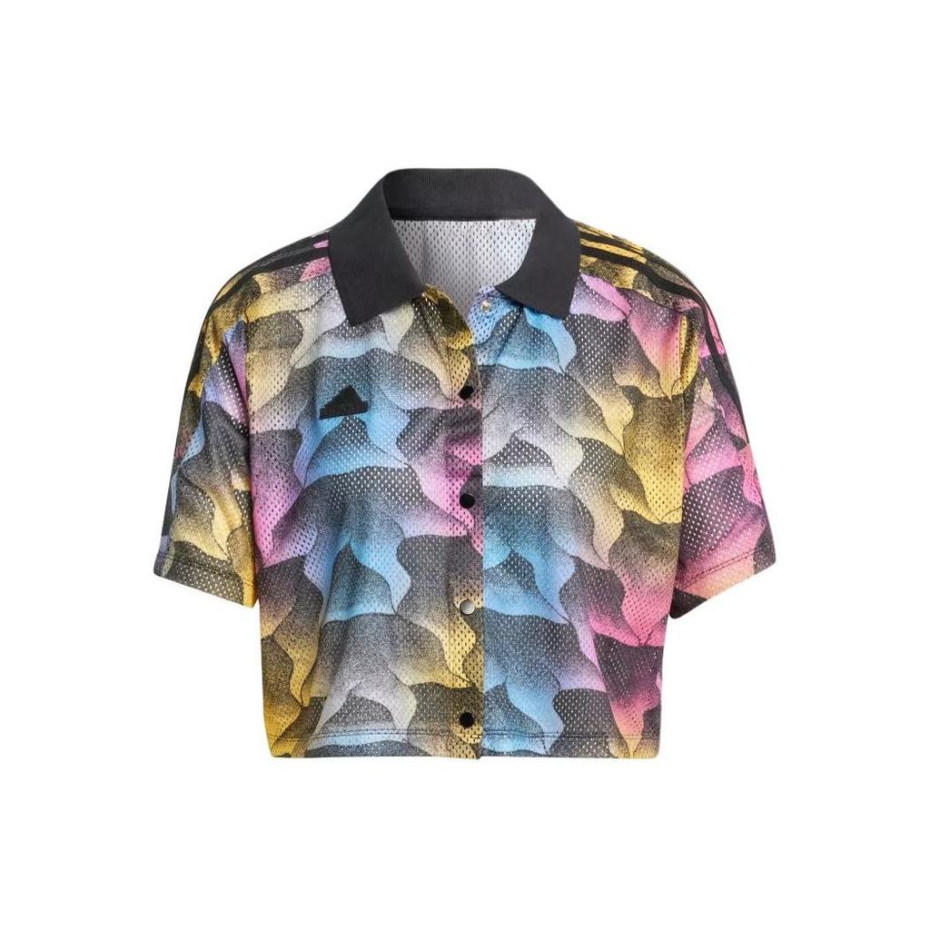 Adidas Tiro Print Mesh Collar Button-Down Short Sleeve Shirt Women Tops Multicolor IQ4815