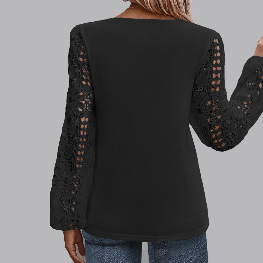 Spring Autumn Women's Lace Splice Knit Top, Elegant Fashion Casual Versatile Blouse For Women, European American Style Outerwear