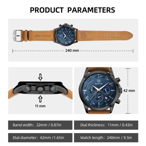 Watches Men's BENYAR Multi Calendar, Chronograph, Business Formal Men's Leather Strap, Analog Watch, Waterproof and Scratch Resistant Brown-Blue