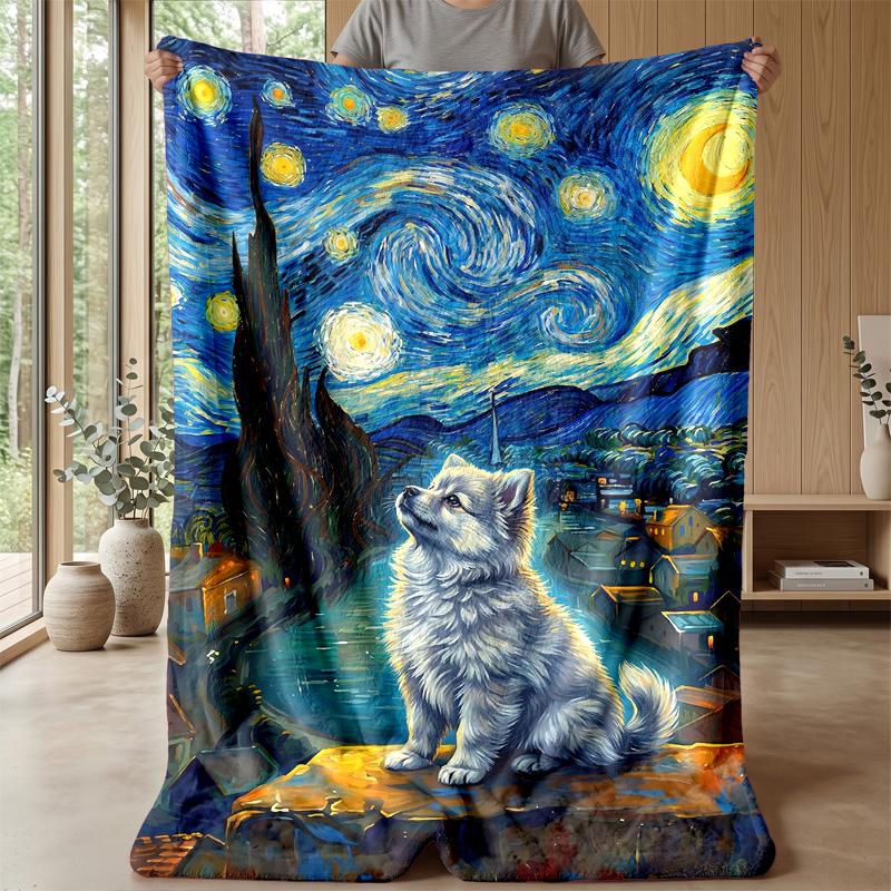 Starry Night with Wolf Theme Blanket Lightweight Warm Flannel Blanket Decorative Throw Blanket for Home Decoration