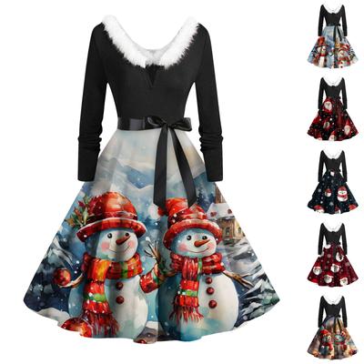 Vestido feminino vintage de manga comprida estampa de natal anos 1950 dona de casa festa à noite baile