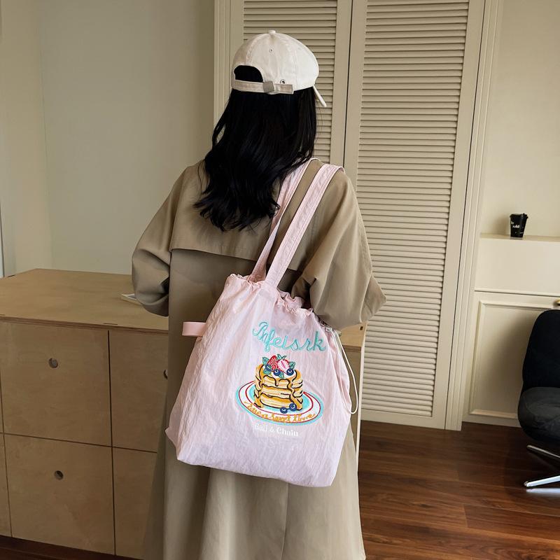 Canvas Bag Women'S Large Capacity Summer Simple Versatile Shoulder Bag Drawstring College Student Class Tote Bag