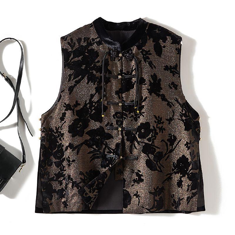 

New Chinese Style Small Stand Collar Bronzing Flocking Double-Sided Fabric Gold Velvet Buckle Tassel Vest Female Spring and Autumn Coat Strong Push Black L