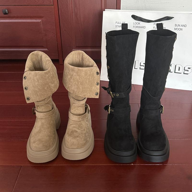 Fashion Street Style Fashion Belt Buckle Knee High Boots Women Platform Heels Shoes Design Elegant Knight Long Boot