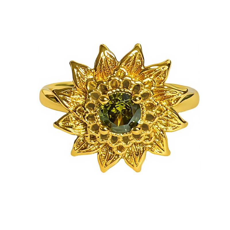 Medieval Vintage Light Luxury Retro Sunflower Wings Full Of Diamonds Zir*****Pen Ring Niche Design Ring Woman