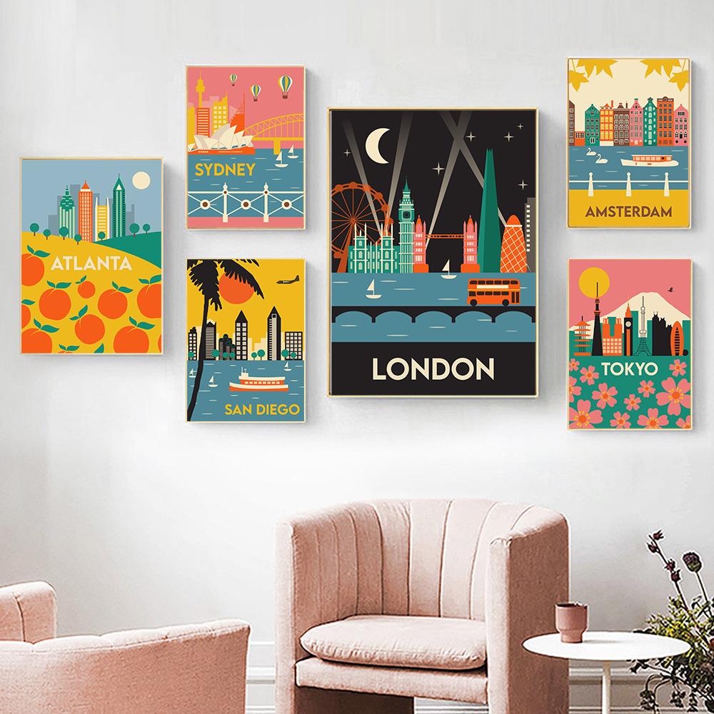 Famous City Abstract Landscape Wall Art Poster Print London Sydney Tokyo Atlanta Canvas Picture Living Bed Room Mural Home Deocr