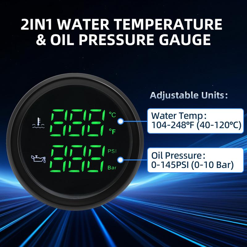 52mm Gauge 2 IN 1 Oil Pressure +Oil Temperature Gauge Red Green LED Oil Press Oil Temp Sensor for Car Boat 12V 24V