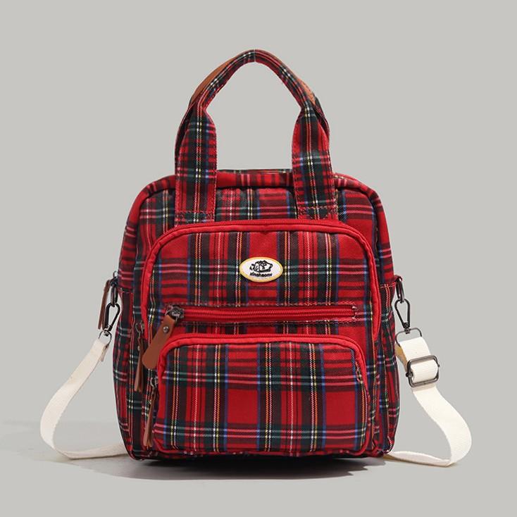 

Red and green plaid multi-pocket British style storage bag multi-purpose portable messenger student commuting class backpack bag красный
