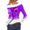 Women's Casual Fashion Sexy Off-Shoulder Collar Christmas Pattern Long Sleeve Crewneck T-Shirt Top