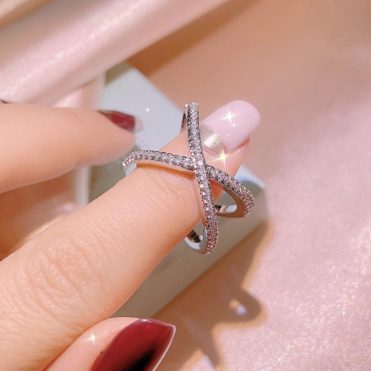 Temperament Zircon Index Finger Ring Versatile Hipster Jewelry Women'S Multi-Layer Cross Micro-Inlaid Ring