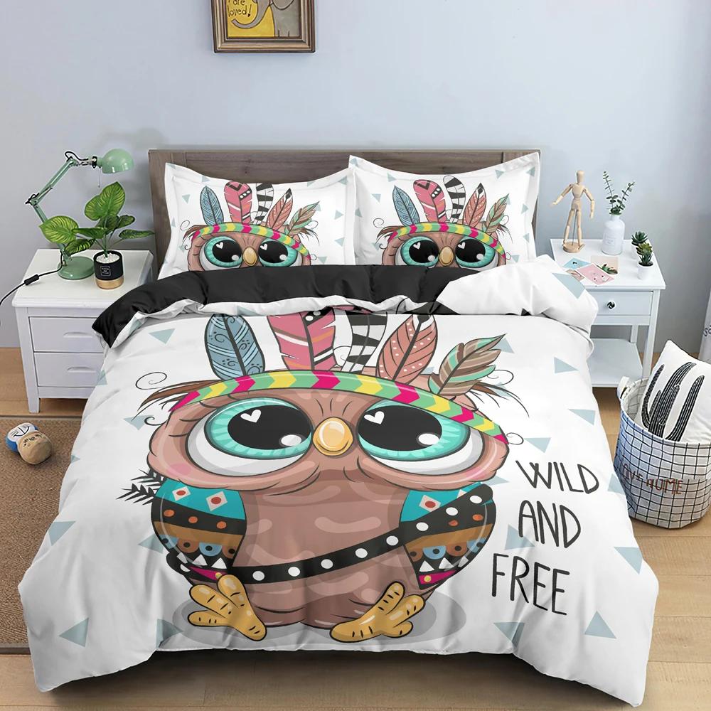 Cartoon Owl Duvet Cover Cute Night Animal For Kids Boys Girls Gifts Owl And Koala Tribal Feather Style Green Bedroom Decorations