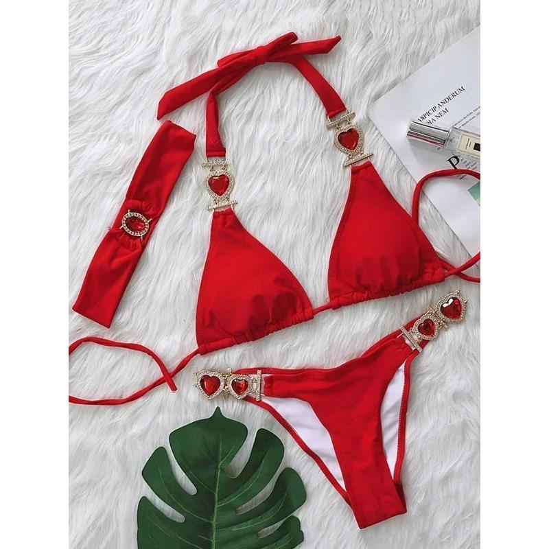 

2025 Блестящее стразовое бриллиантовое бикини Женский купальник Женский купальный костюм Комплект бикини из двух частей Халтер Металлические цепочки Купальный костюм Плавать L