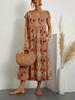 Large Cotton Linen Printed Summer Dress - Women's Loose Fit, Round Neck with Pockets.