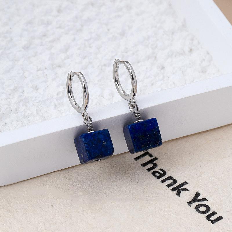 Turquoise Lapis Lazuli Earrings New Retro Bohemian Temperament Light Luxury Geometric Sugar Cube High-end Ear Buckle Women