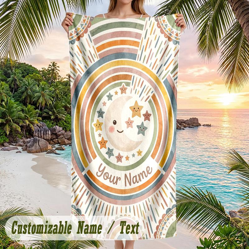 Moon Stars Night 1 Theme Quick Dry Beach Towel Custom Name Text Print Large Sand Resistant Towel Beach Vacation