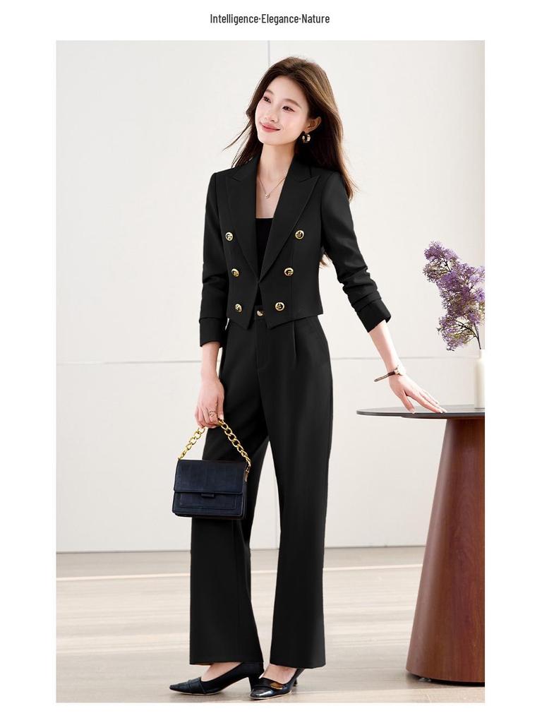 Women's Petite Slim Fit Color Block Suit Set - Light Luxury Style, Flattering Double-Breasted Short Blazer, Professional Wear.