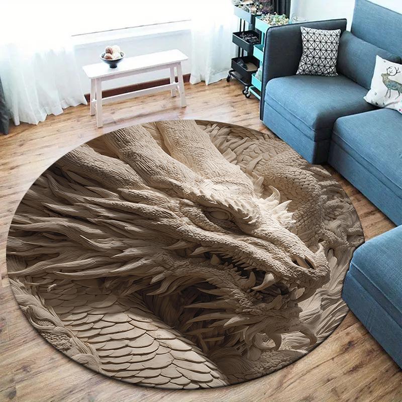 Stone Carving Leopard and Dragon Round Area Rug,Carpet Rug for Living Room Bedroom Sofa Playroom Decor,Non-slip Floor Mat