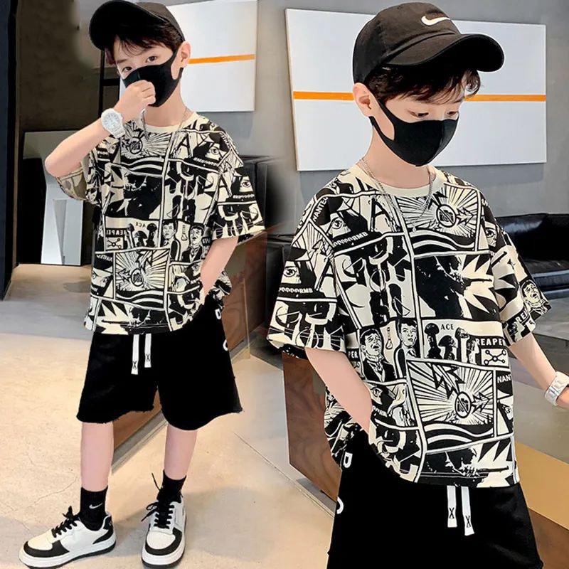Children's casual short sleeved T-shirt cartoon anime lightweight breathable sports set