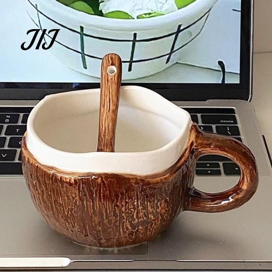 Unique Textured Breakfast Bowl Vintage Coconut Shell Ceramic Mug, Handmade Irregular Coffee Cup with Spoon, Cereal Mug Rustic Texture Oatmeal Tea for