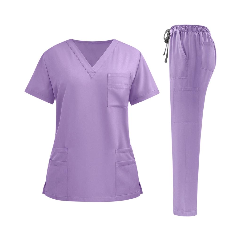 Damen Krankenpfleger Uniform Set Schnelltrocknendes Gewebe V-Ausschnitt Kurzarm Oberteil mit Taschen und Elastischem Bund Lange Hose Medizinische Arbeitskleidung Set