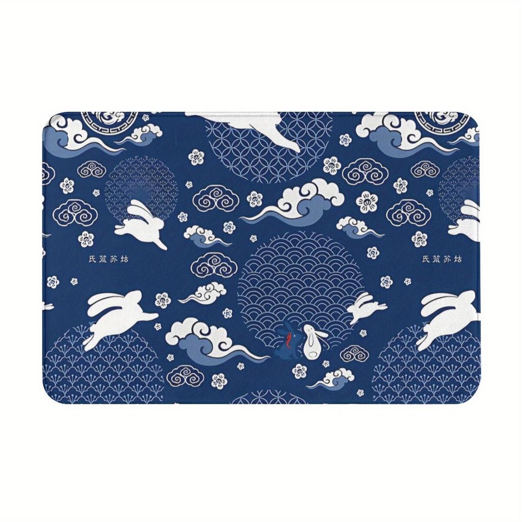 Moon Festival Rabbit Pattern Doormat, Blue White Traditional Cloud Wave Design, Polyester Floor Rug for Entryway Living Room