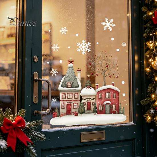 Transparent Christmas Ornaments Static Window Clings, Snowy Town House Snowflake Glass Decals, Reusable Clings Xmas Stickers, Holiday Decor