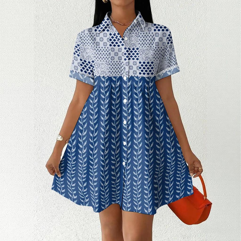 Women's Casual Loose Fit Shirt Dress Button Front Short Sleeve Collar Dress with Floral Print and Border Pattern Suitable for Daily Wear
