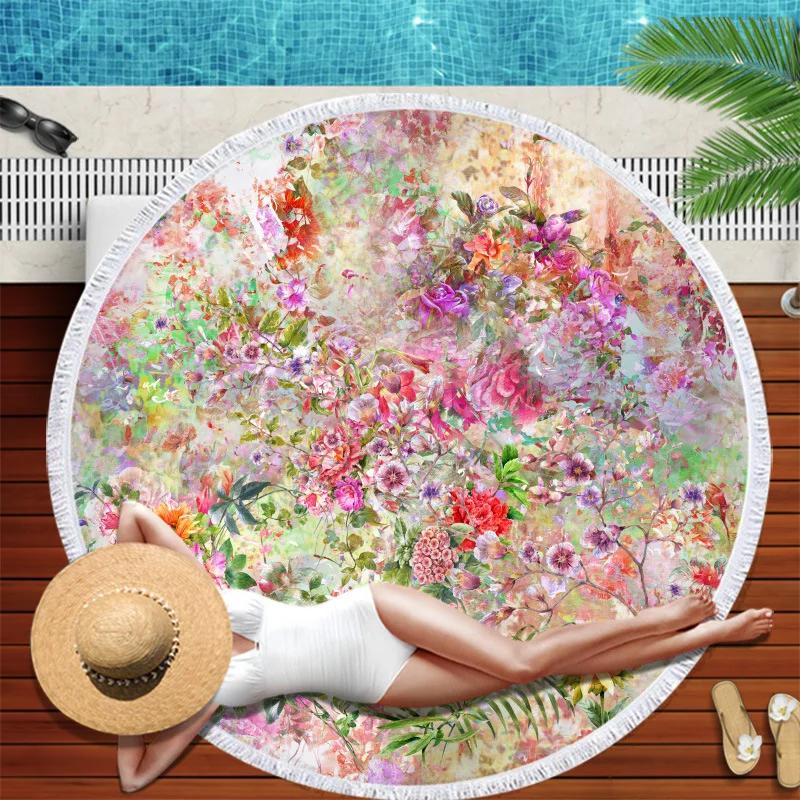 Large Round Colorful Flower Printed Beach Towel Diameter 3D Print Microfiber Blanket With Tassel Fringe Yoga Mat For Adult