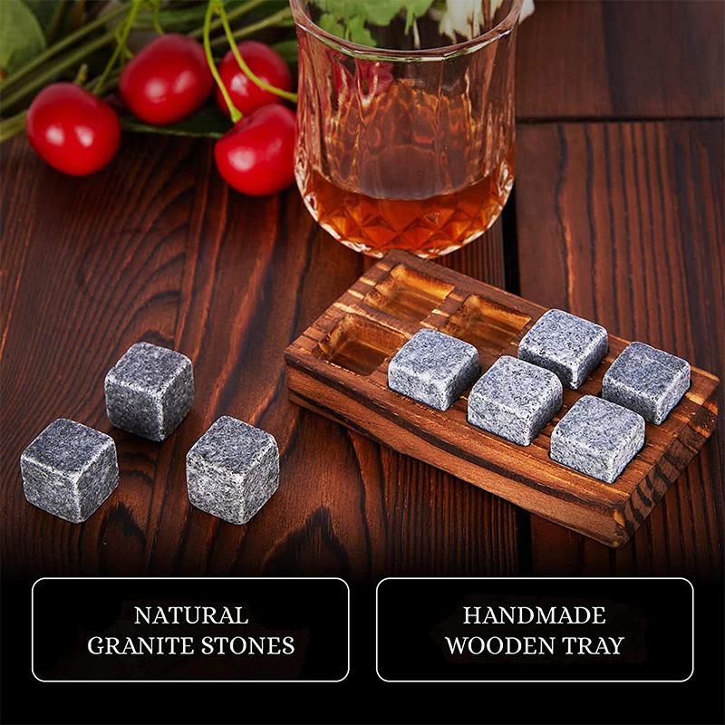 Whiskey Stones And Whiskey Glass Gift Set Of 4, For Men | Father's Day, 6 Granite Whiskey Stones, 2 Whiskey Glasses,1 Wooden Box