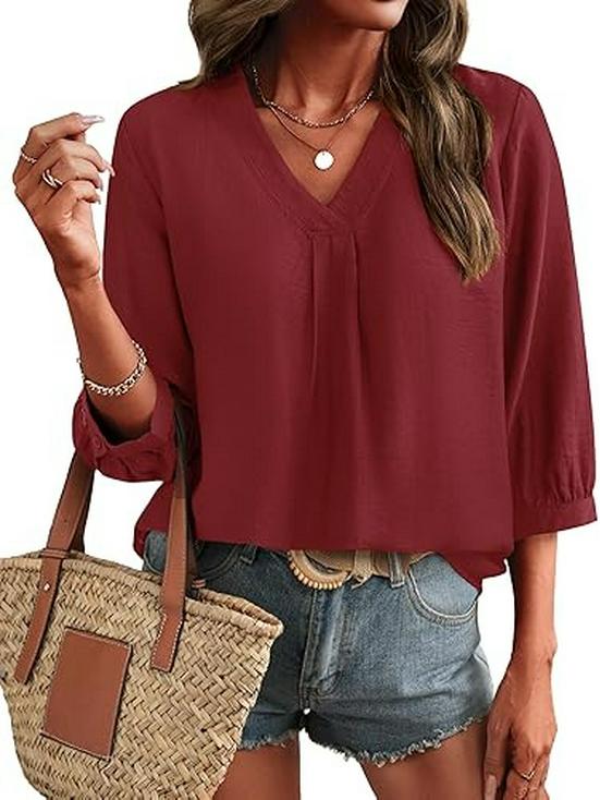 2026 Autumn/Winter Women's Retro V-neck Solid Color Loose Three-Quarter Sleeve Shirt