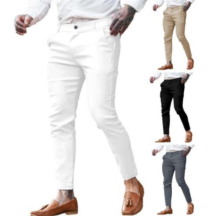 Men Pencil Pants Solid Color Long Trousers with Pockets Mid Rise Regular Fit Zipper Button Placket